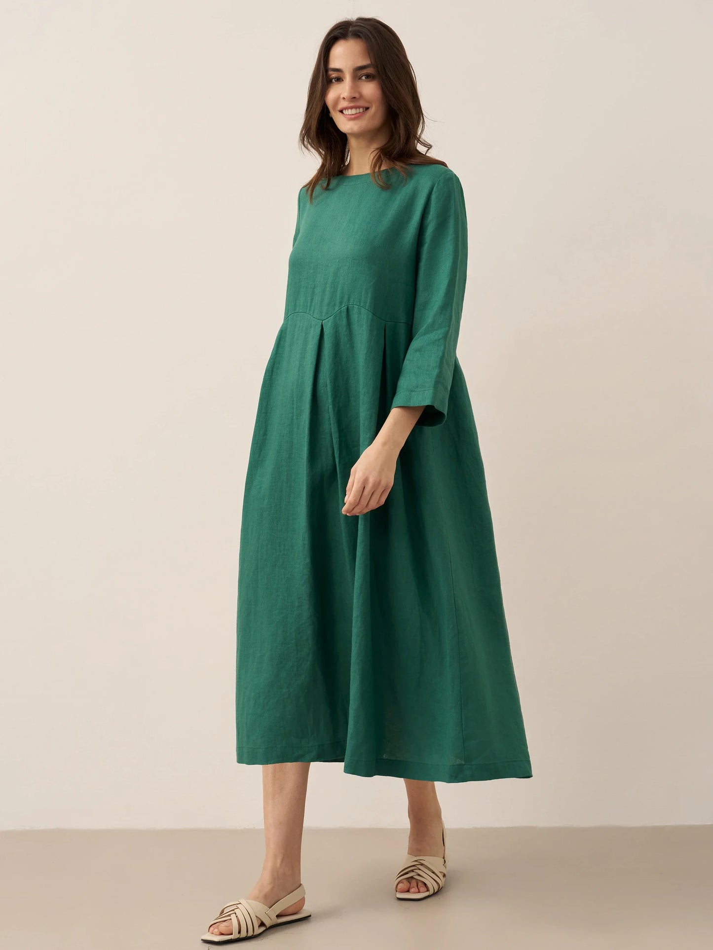100% Linen Bateau Neck Pleated Midi Dress – Abigail