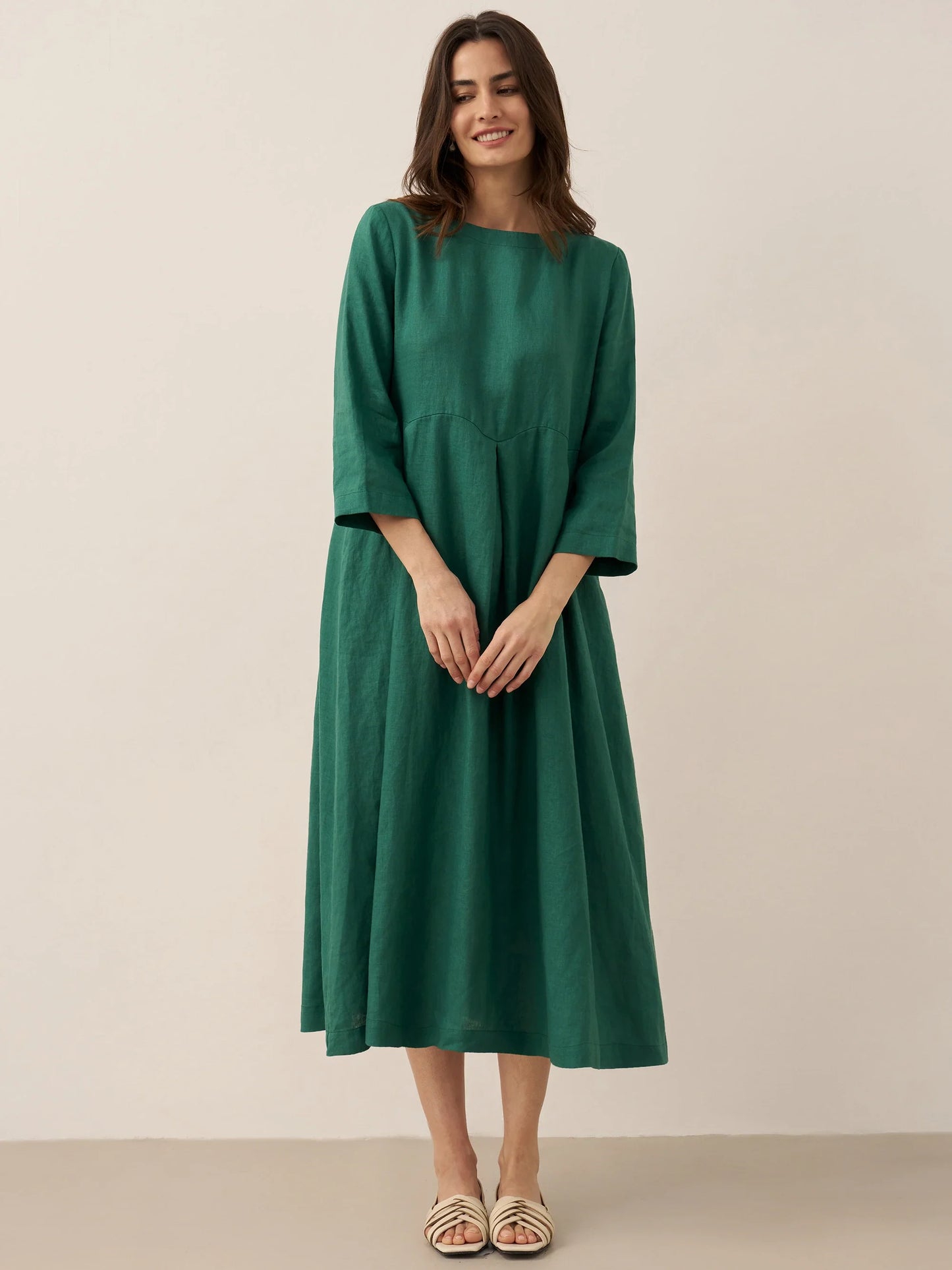 100% Linen Bateau Neck Pleated Midi Dress – Abigail