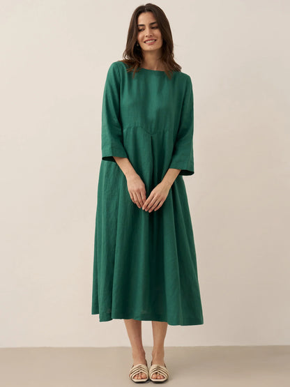 100% Linen Bateau Neck Pleated Midi Dress – Abigail