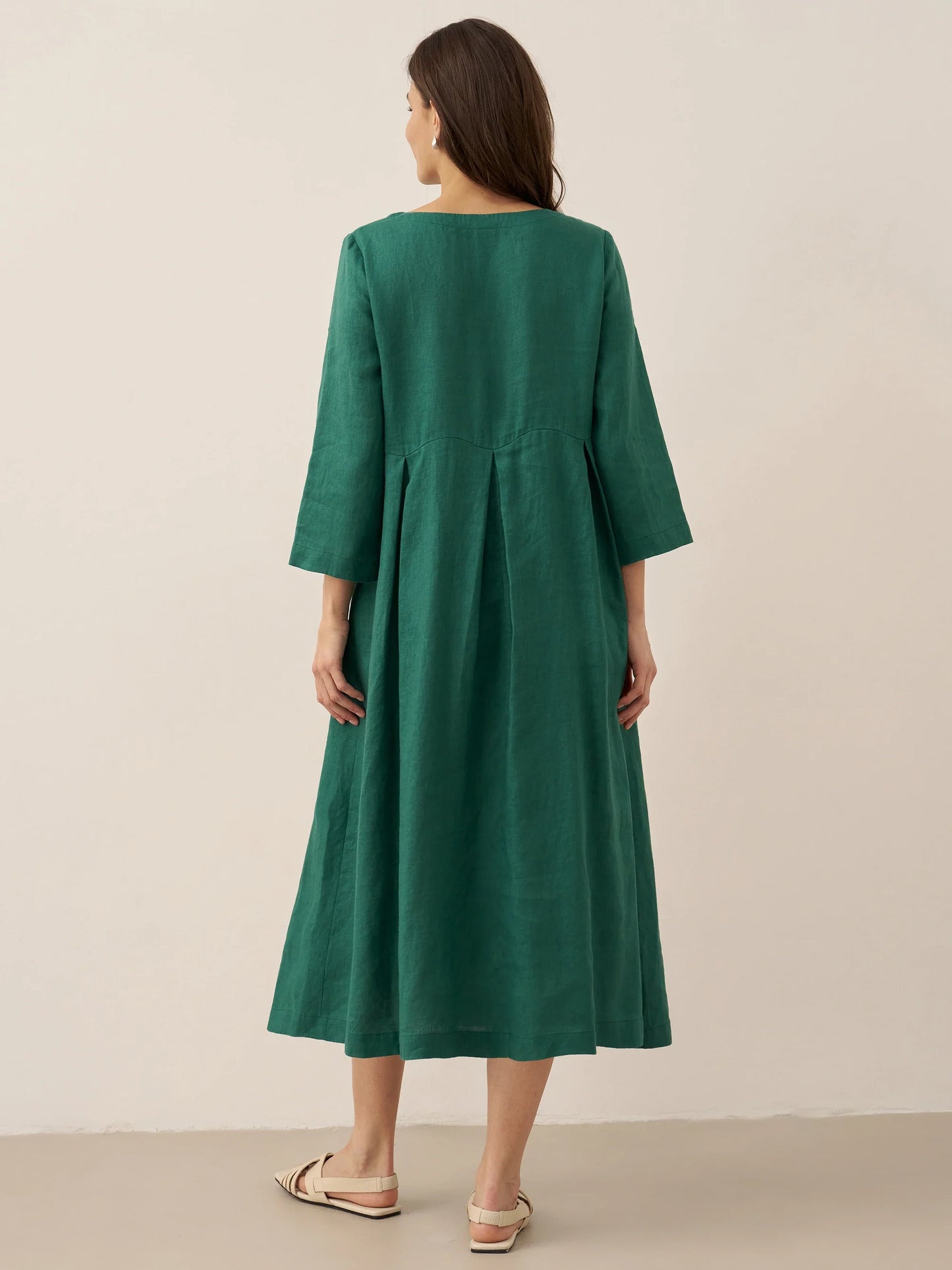 100% Linen Bateau Neck Pleated Midi Dress – Abigail
