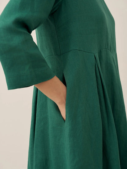 100% Linen Bateau Neck Pleated Midi Dress – Abigail