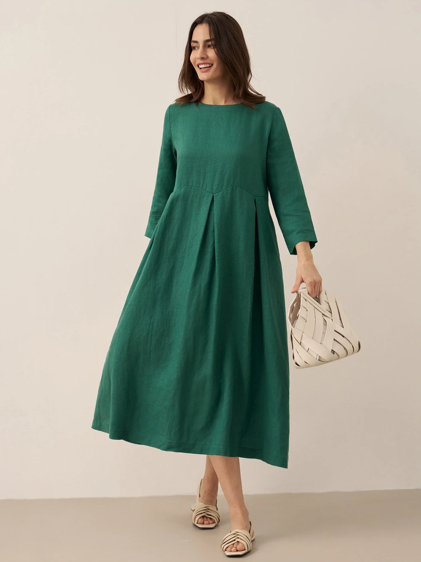 100% Linen Bateau Neck Pleated Midi Dress – Abigail