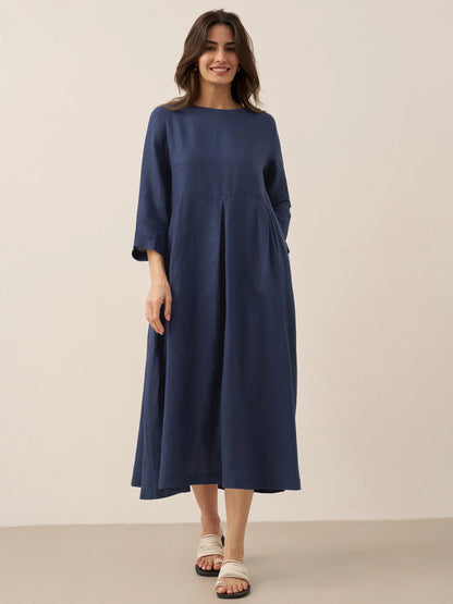 100% Linen Bateau Neck Pleated Midi Dress – Abigail