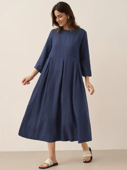 100% Linen Bateau Neck Pleated Midi Dress – Abigail