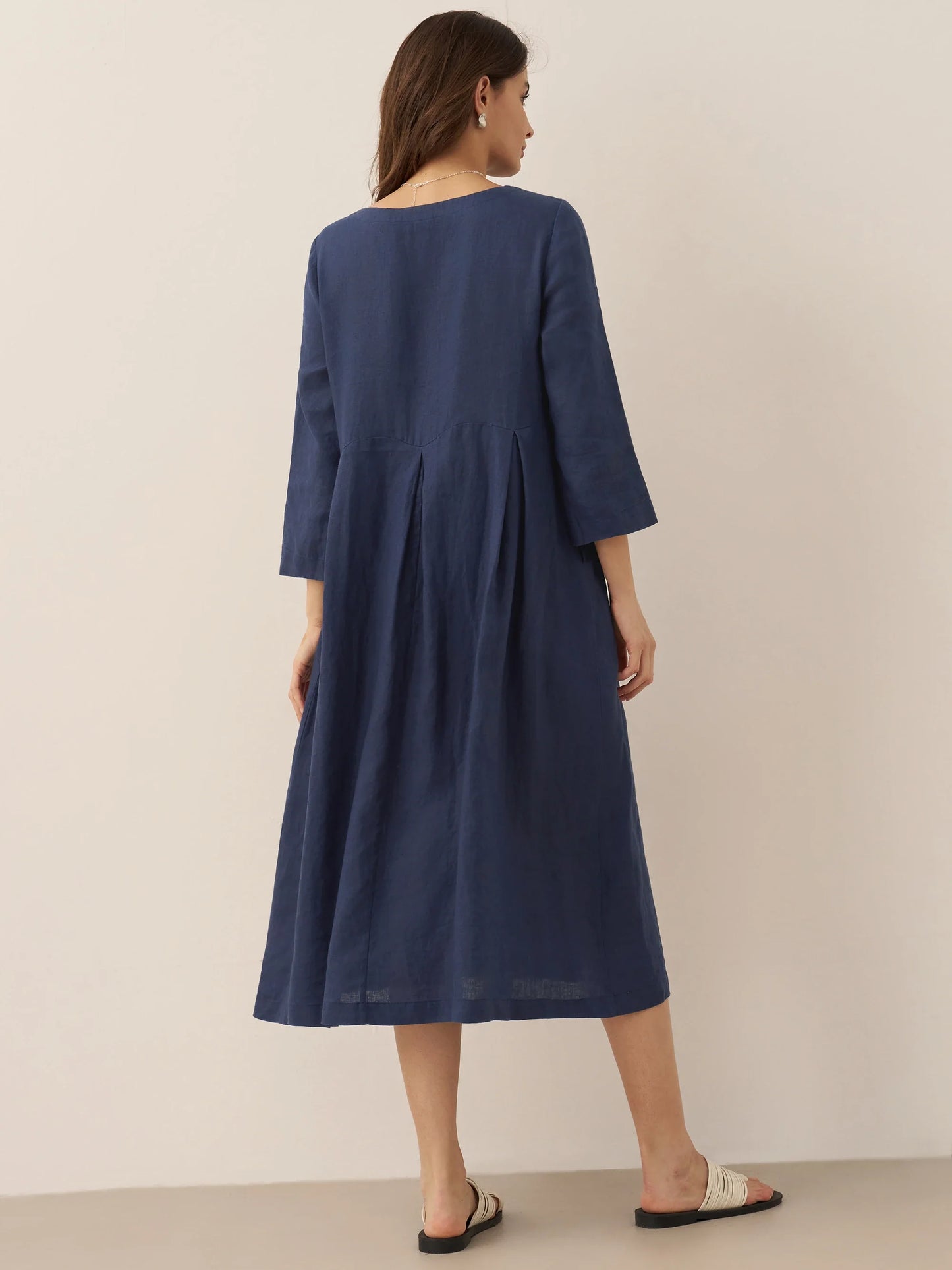 100% Linen Bateau Neck Pleated Midi Dress – Abigail