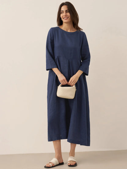 100% Linen Bateau Neck Pleated Midi Dress – Abigail