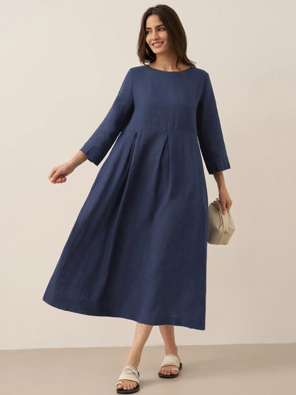 100% Linen Bateau Neck Pleated Midi Dress – Abigail