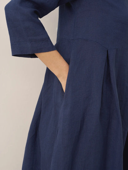 100% Linen Bateau Neck Pleated Midi Dress – Abigail