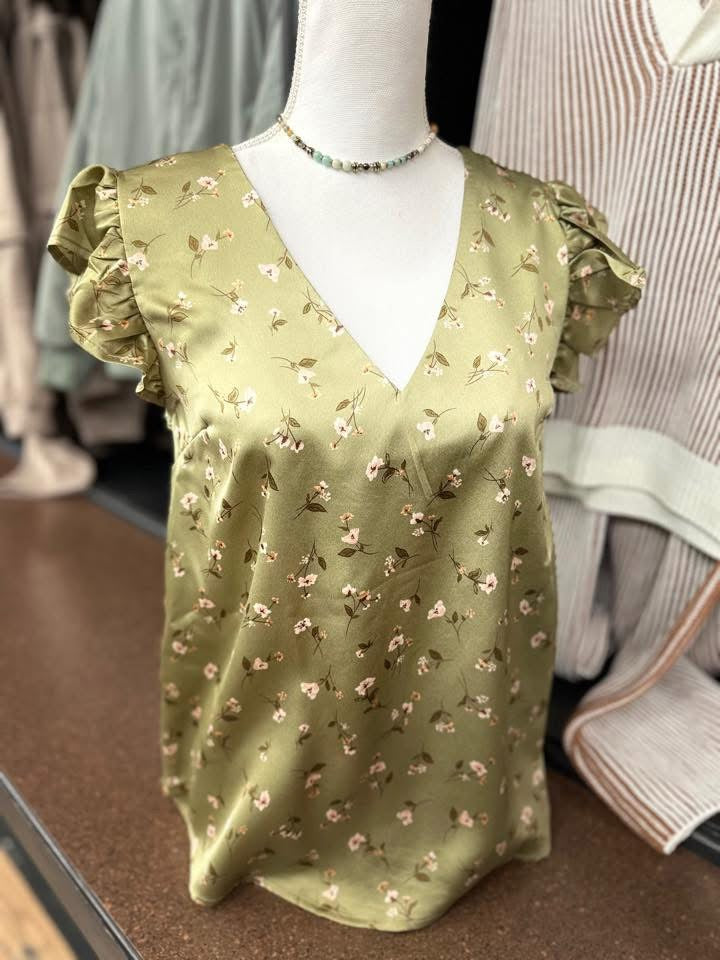 V Neck Floral Top - Olive Multi