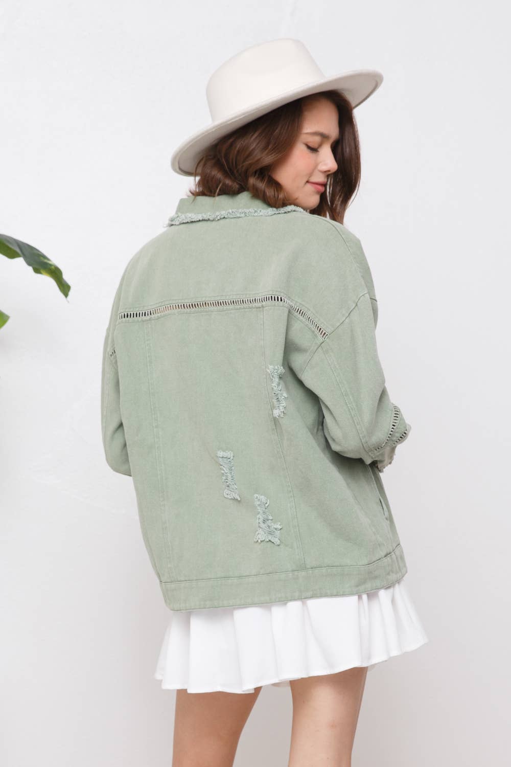 31431J - Washed Trim Detail Snap Up Twill Distressed Jacket