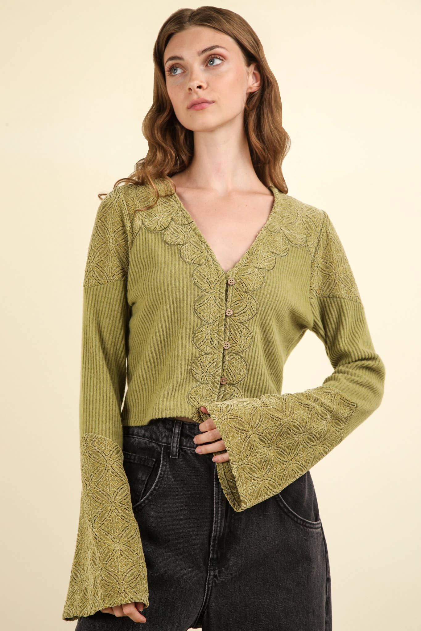 V-Neck Contrast Lace Detail Button Down Knit Top