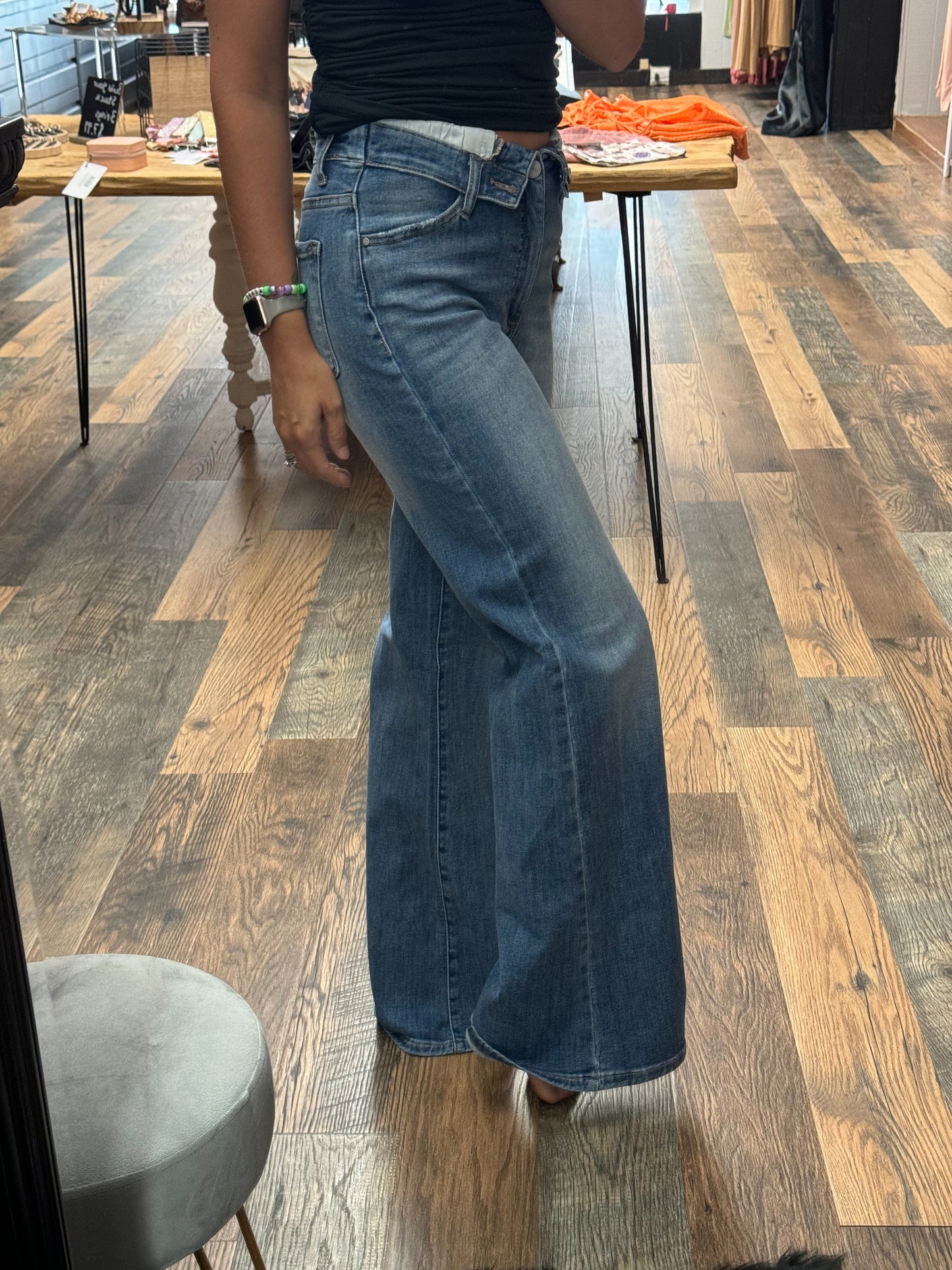 Midrise Flap Slim Wide Leg Jean