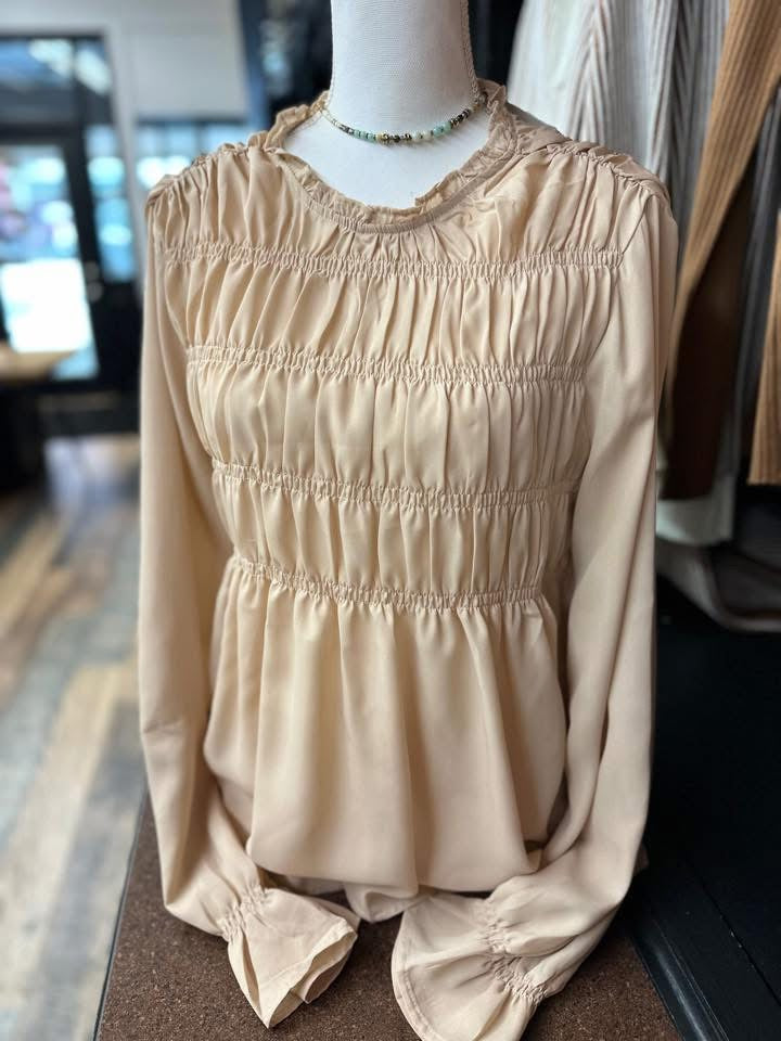 High Neck Smocked Blouse - Beige