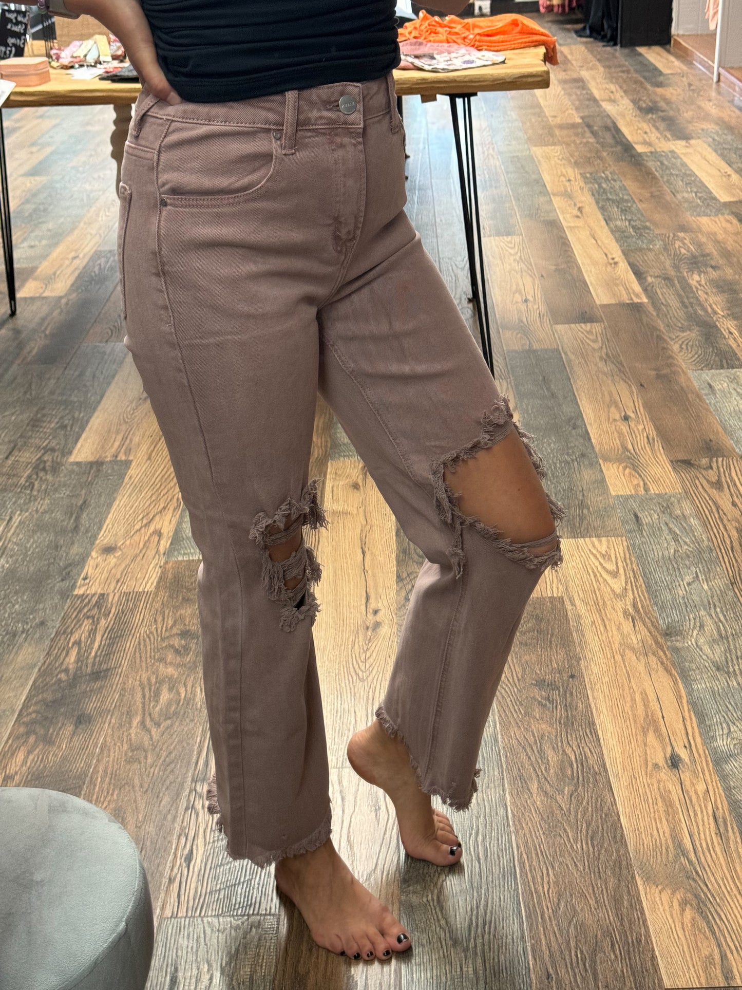 Mauve High Rise Knee Distressed Straight Pant