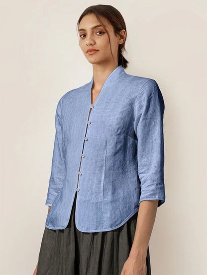 100% Linen Mandarin Collar Button Jacket – Amelia