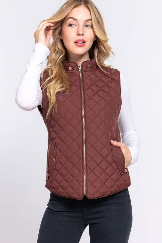 Suede Piping Detail Rib Quilted Padding Vest