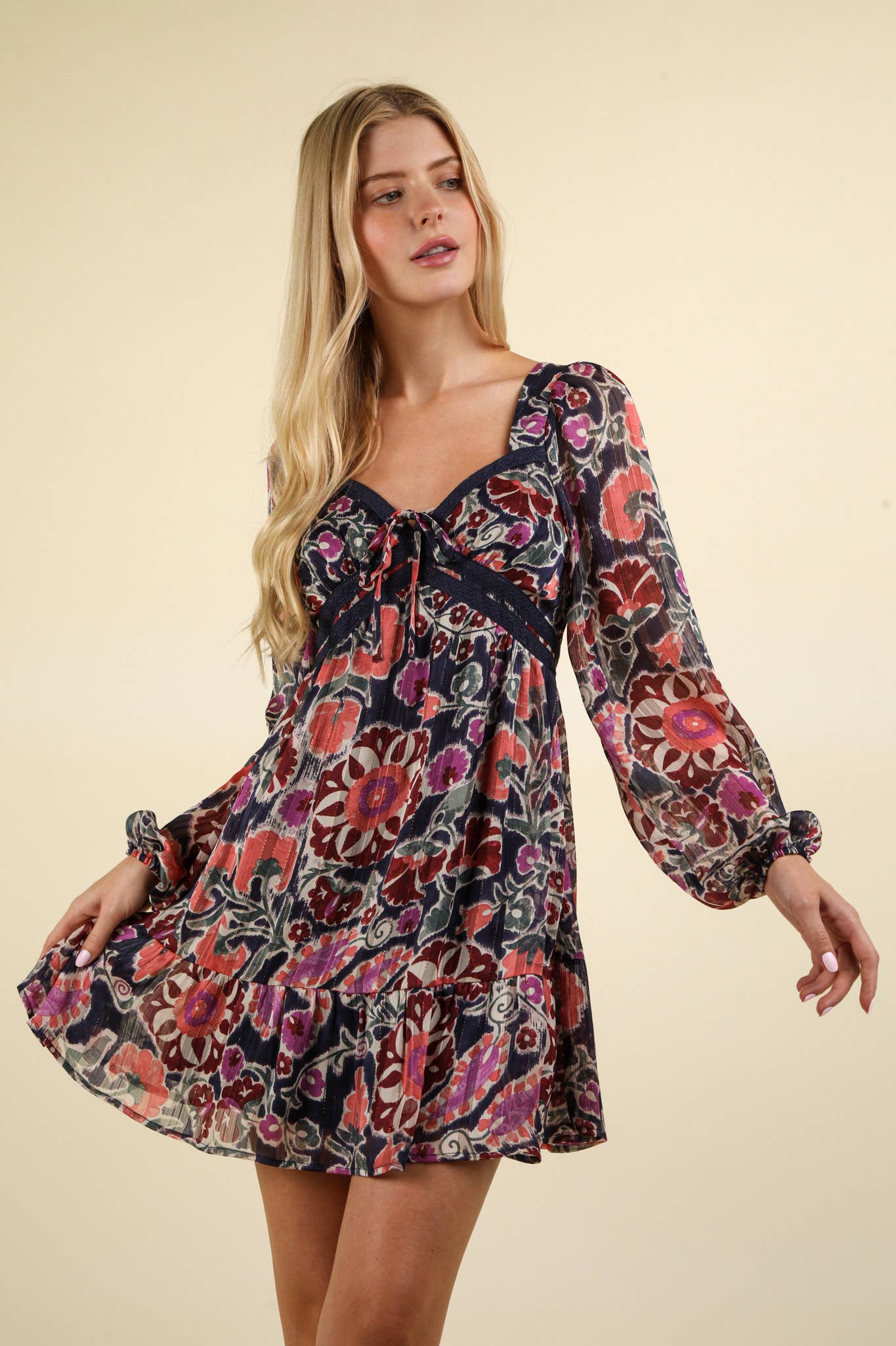 VD33957-Lacetrim Detail Printed Holiday Mini Dress