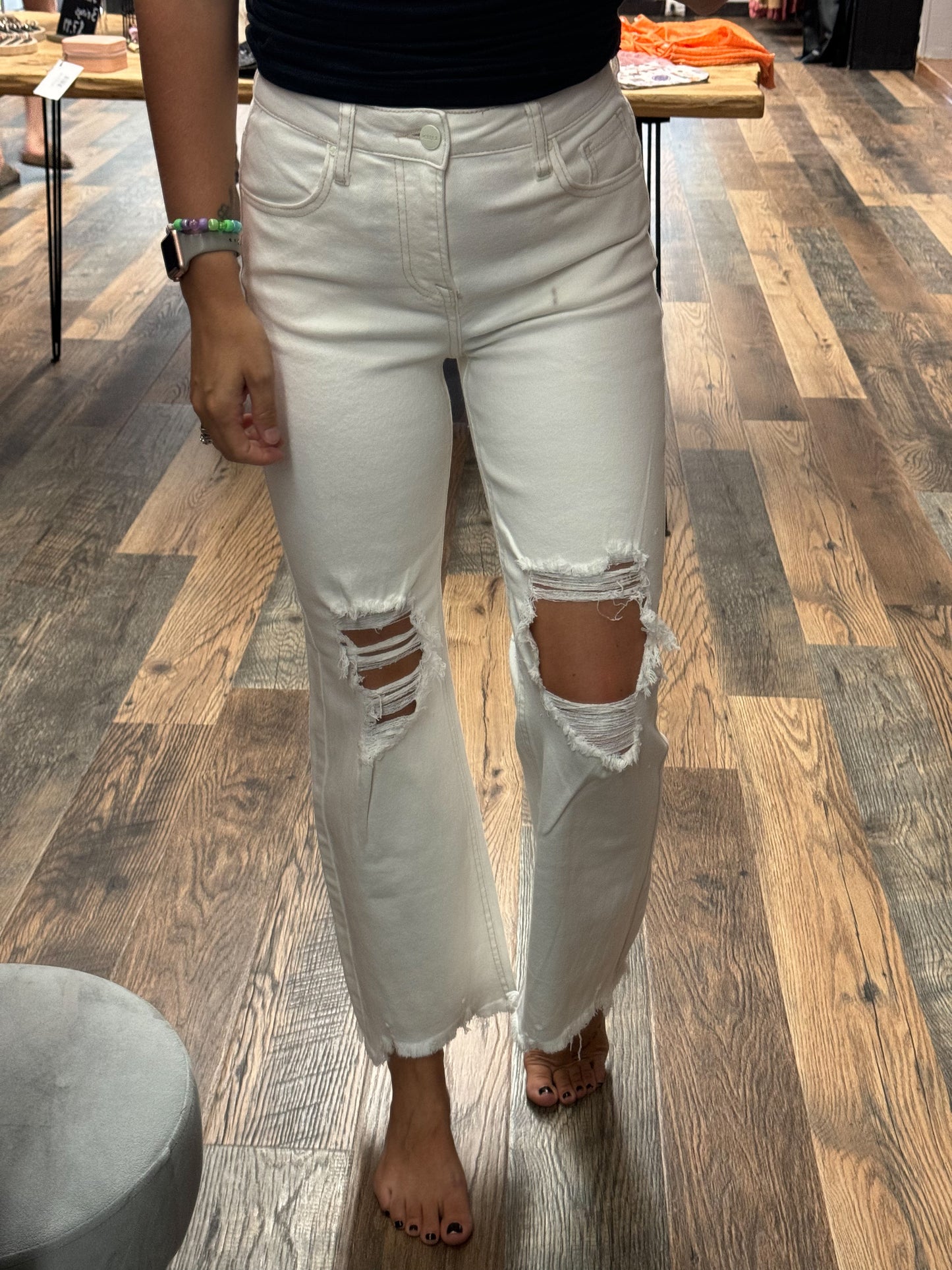 Cream High Rise Distressed Straight Pant