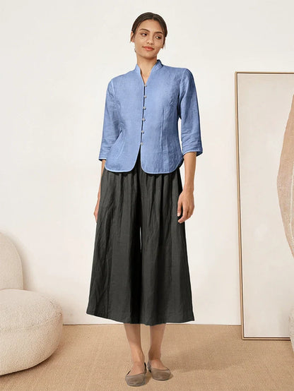 100% Linen Mandarin Collar Button Jacket – Amelia