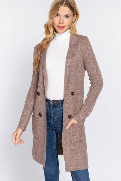 Long Sleeve Notched Collar Sweater Jacket