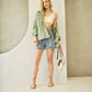 31431J - Washed Trim Detail Snap Up Twill Distressed Jacket