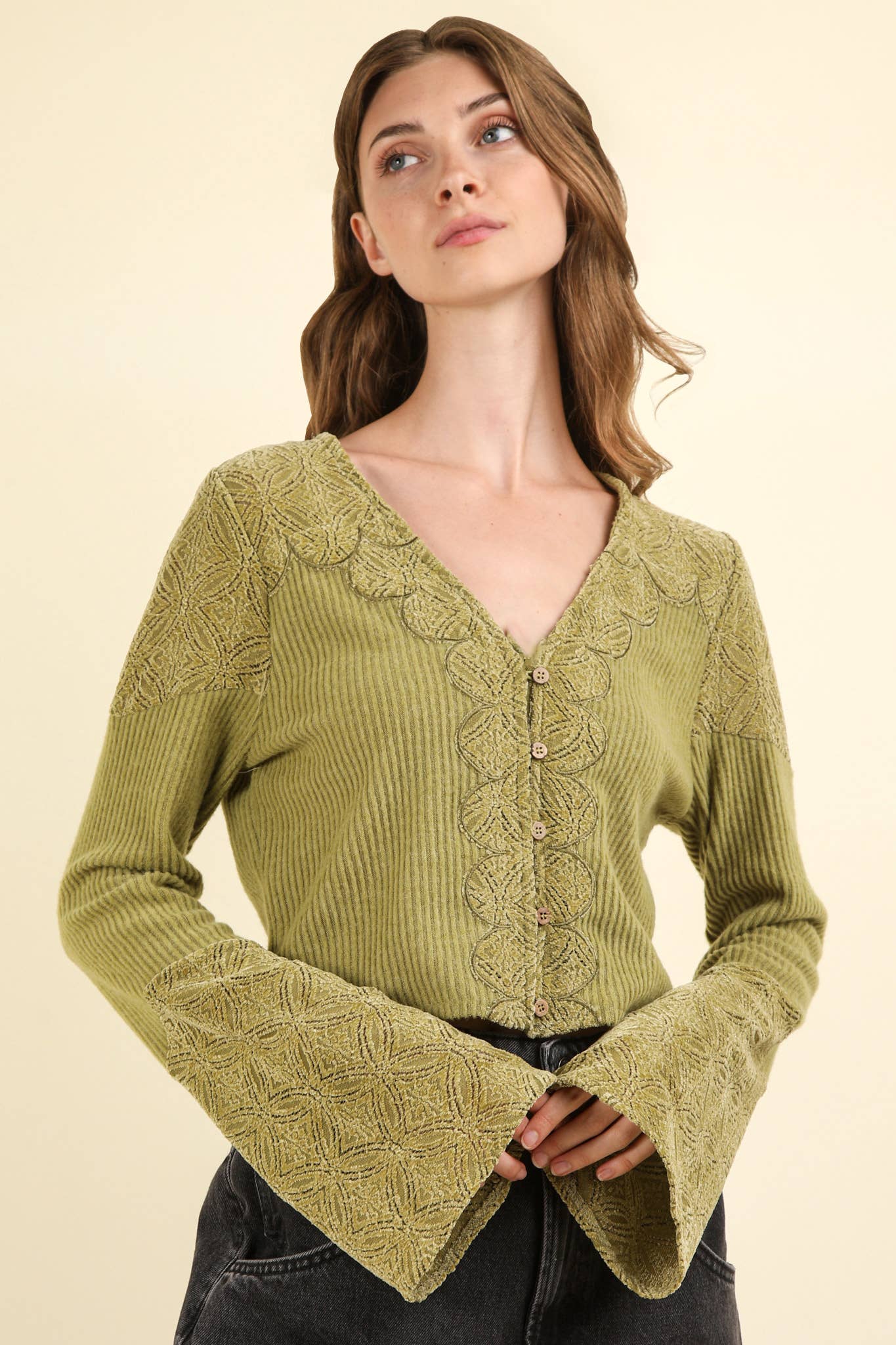 V-Neck Contrast Lace Detail Button Down Knit Top