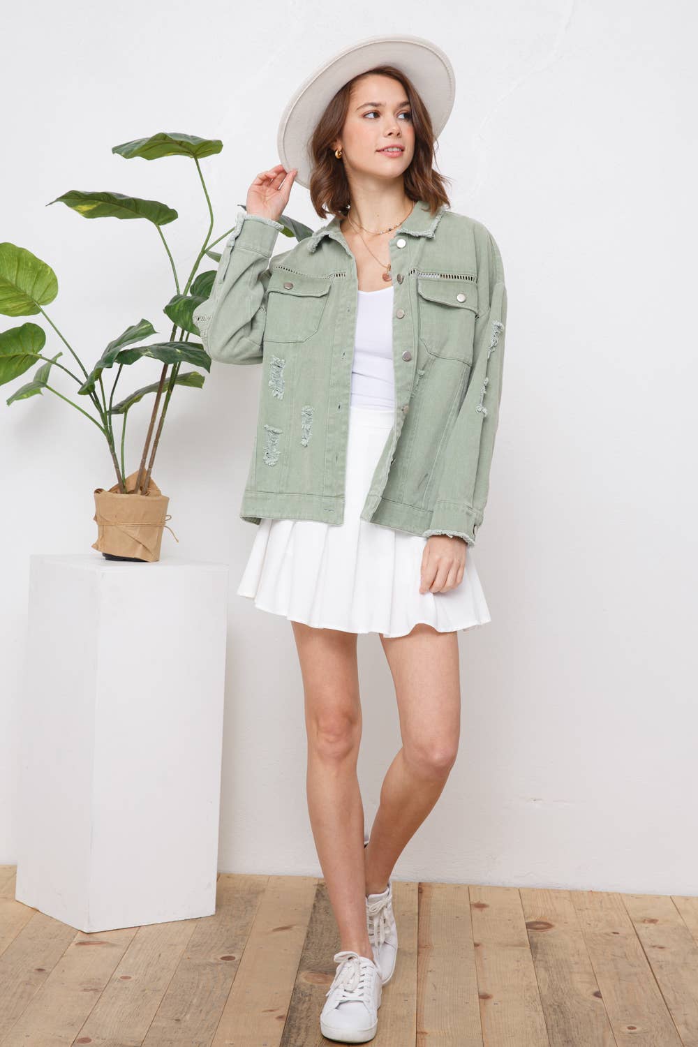 31431J - Washed Trim Detail Snap Up Twill Distressed Jacket