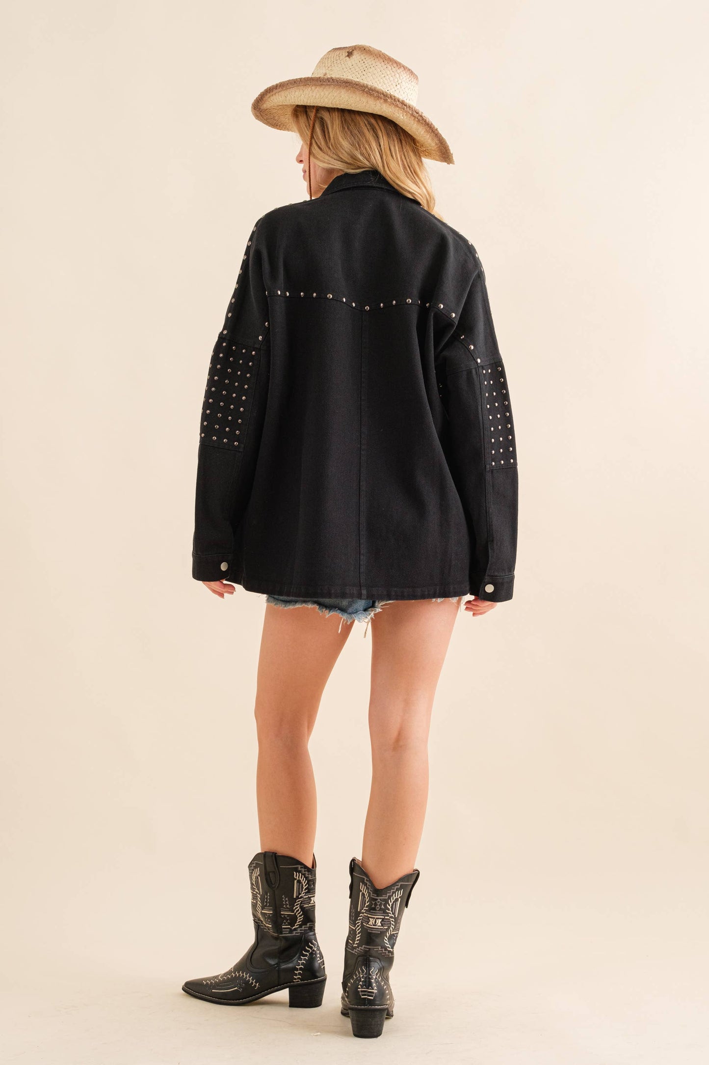 22641J  - Studded Elbow Chevron Back Oversized Twill Jacket