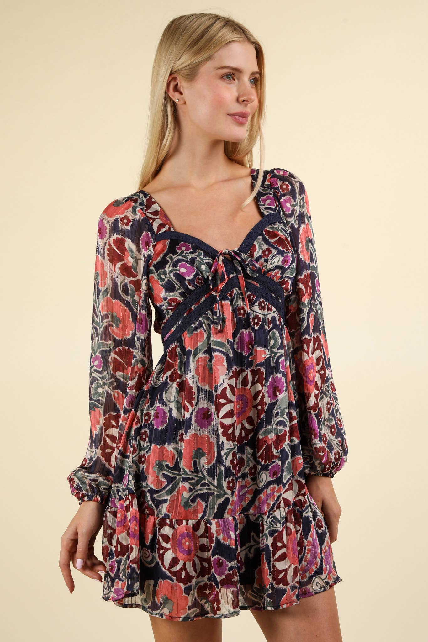 VD33957-Lacetrim Detail Printed Holiday Mini Dress