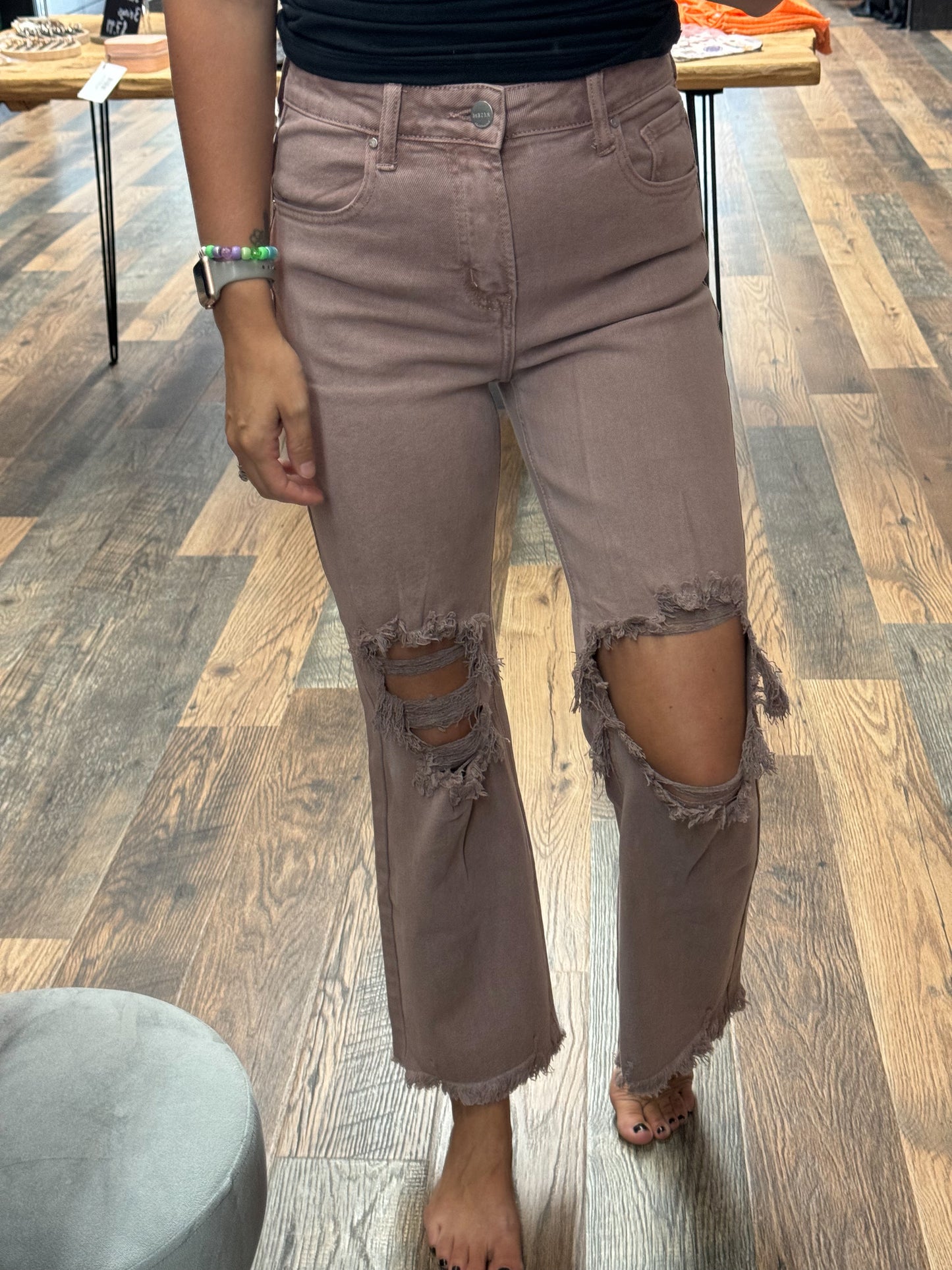 Mauve High Rise Knee Distressed Straight Pant