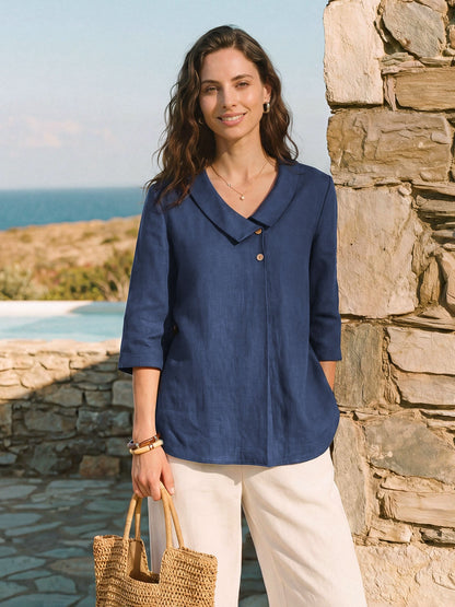 100% Linen Asymmetric Collar Inverted Pleat Top – Ottilie