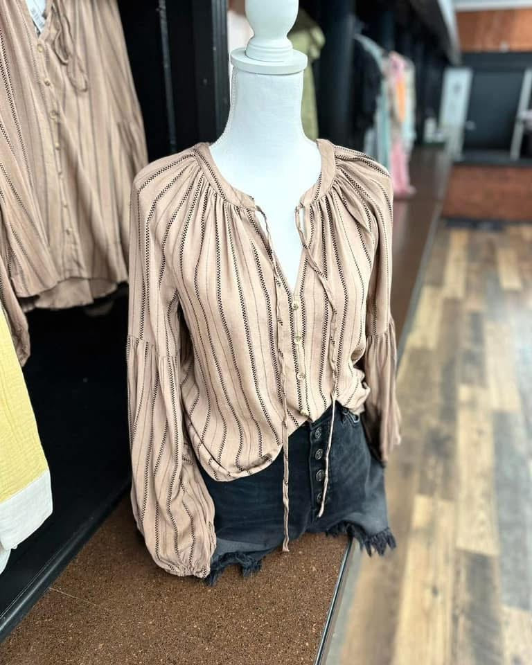 Striped Peasant Top - Brown