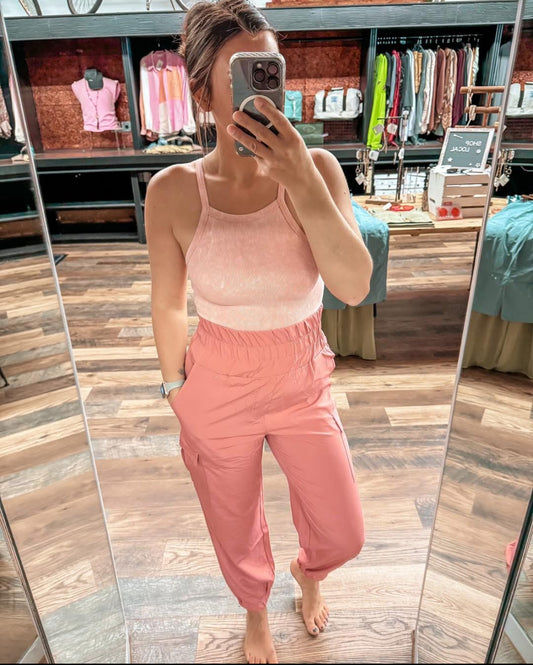 High Waisted Cargo Active Joggers - Rose