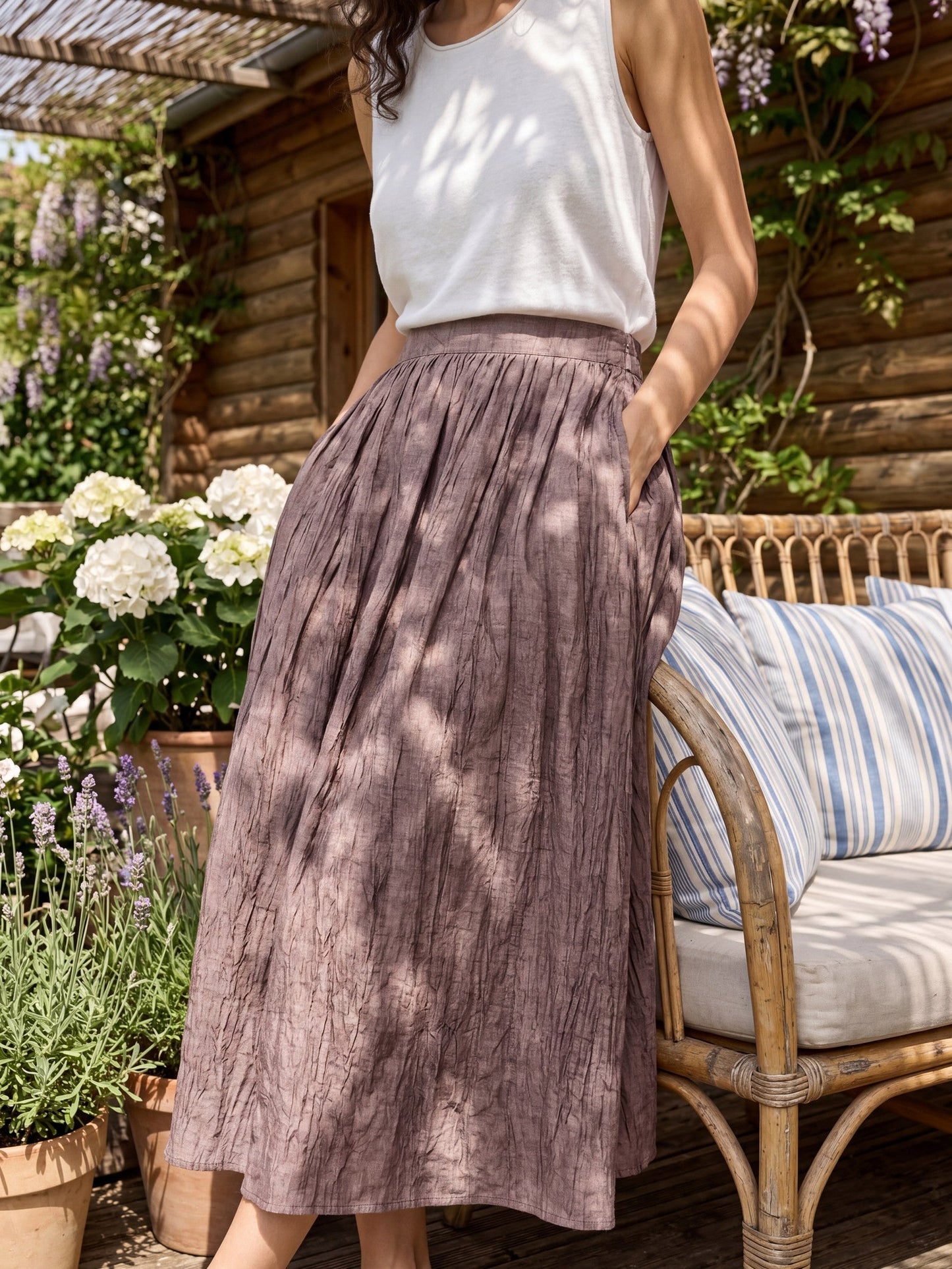 Lyocell Textured Pleated Waist A-Line Midi Skirt – Rosamund
