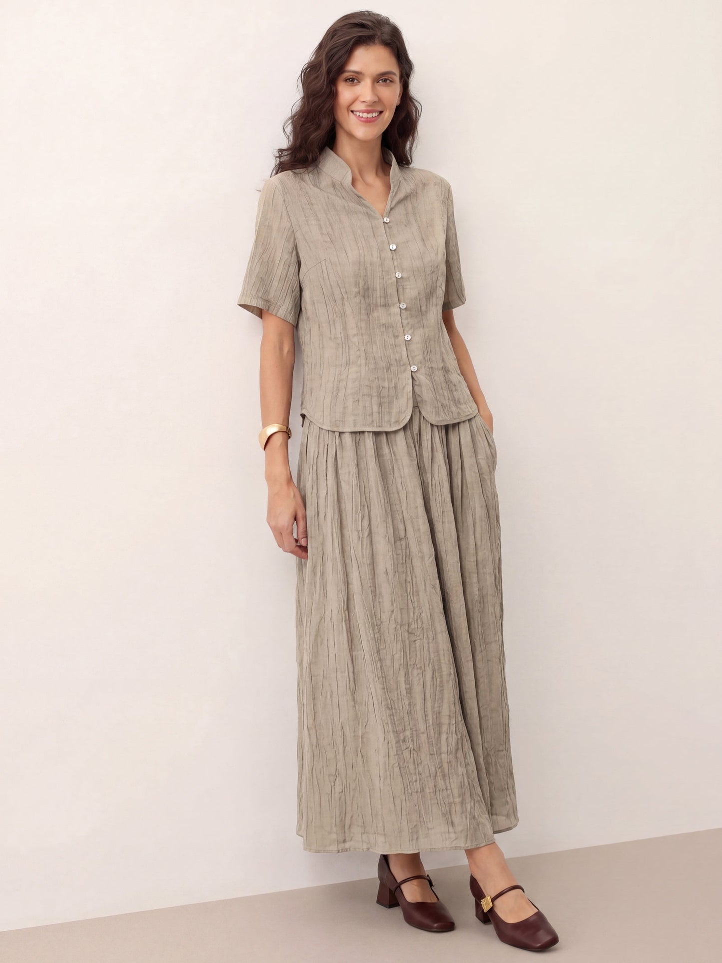 Lyocell Textured Pleated Waist A-Line Midi Skirt – Rosamund