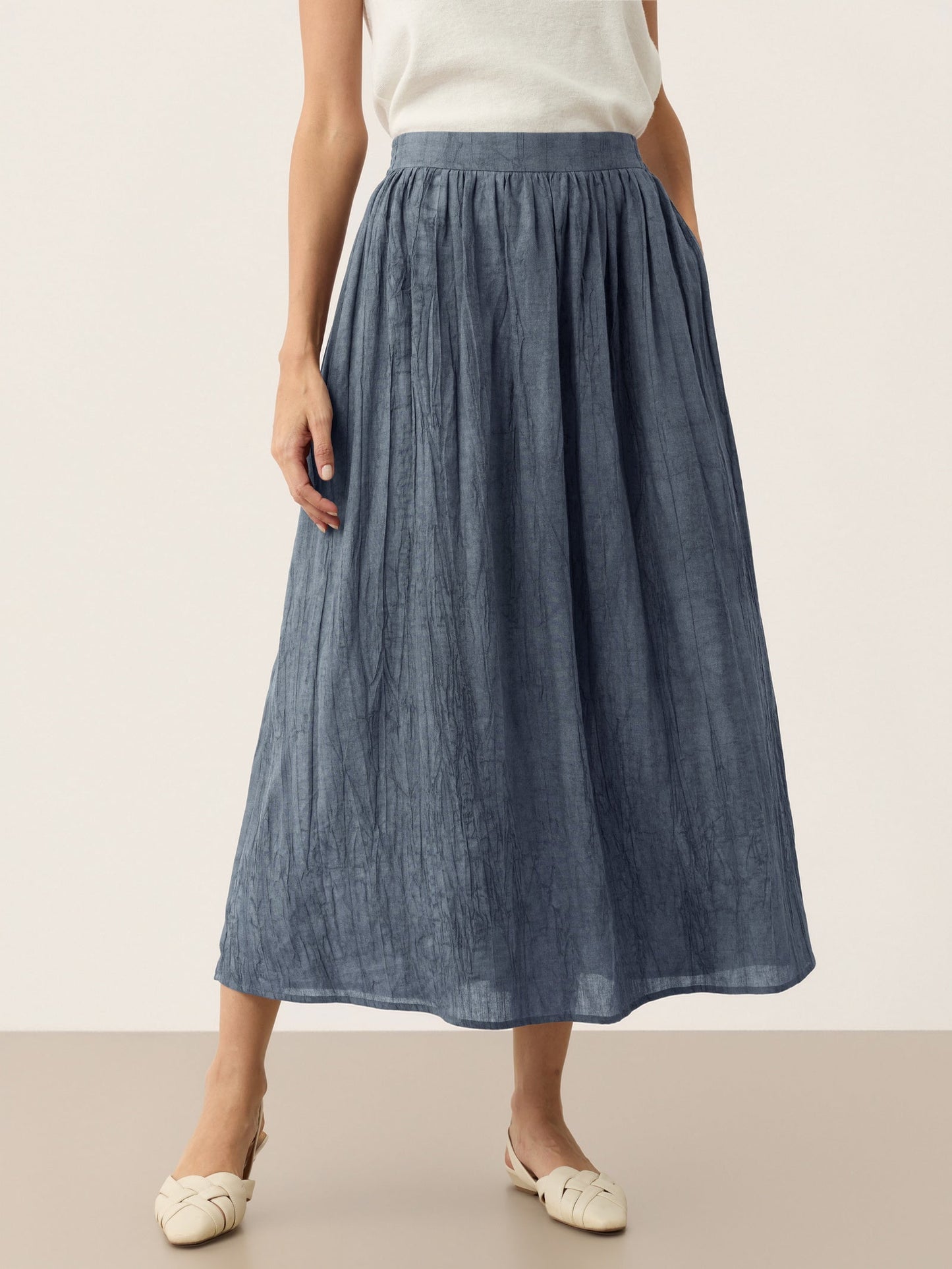 Lyocell Textured Pleated Waist A-Line Midi Skirt – Rosamund