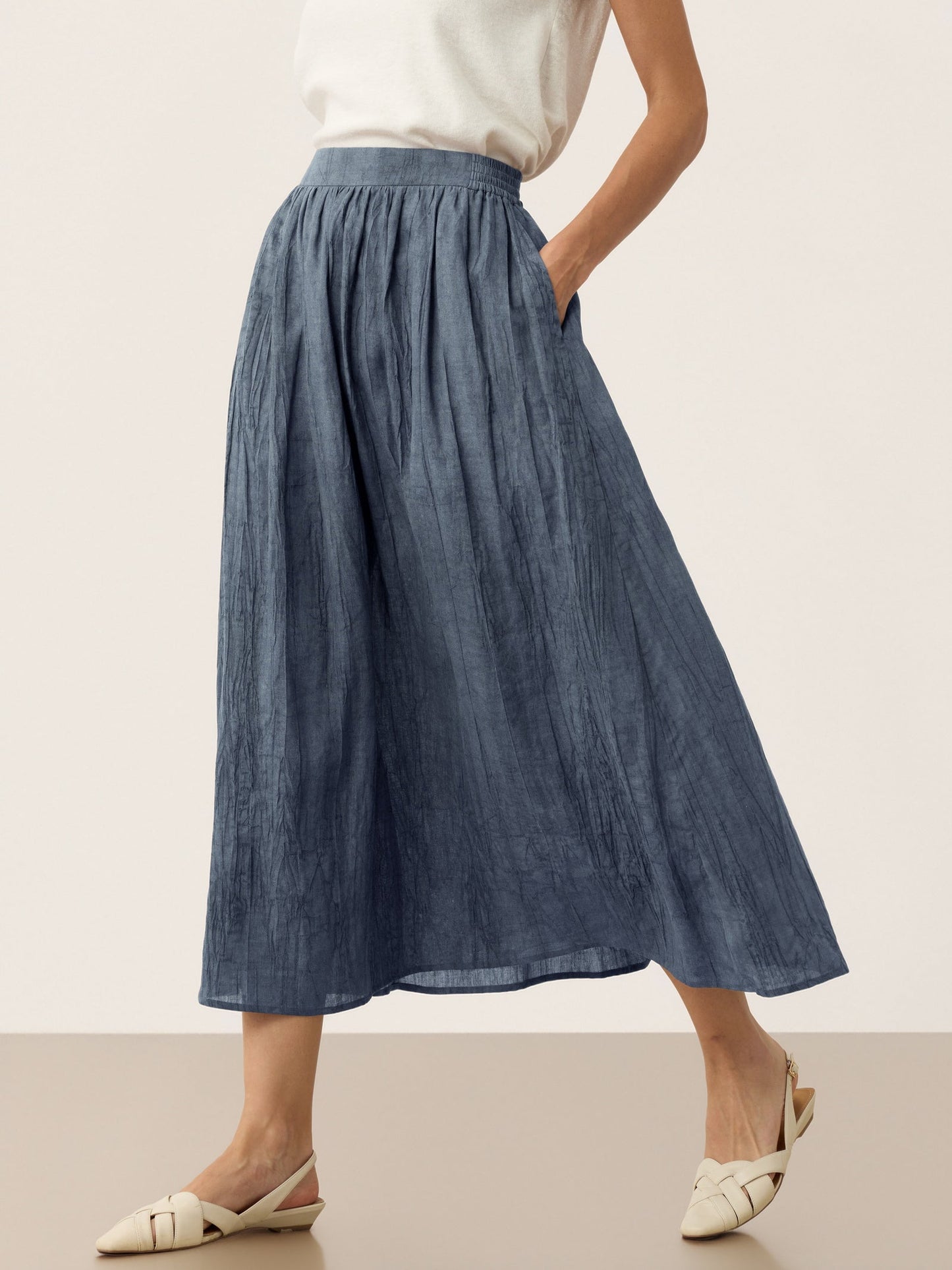 Lyocell Textured Pleated Waist A-Line Midi Skirt – Rosamund