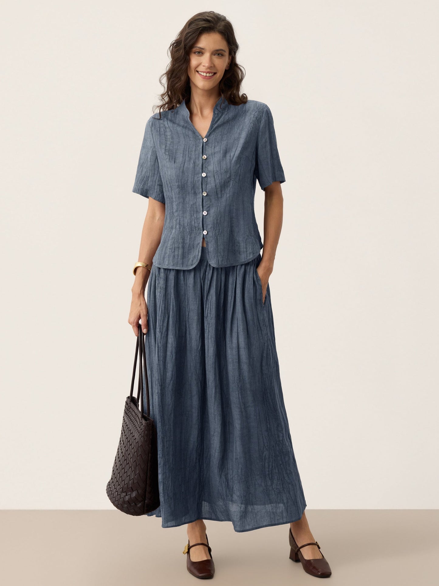 Lyocell Textured Pleated Waist A-Line Midi Skirt – Rosamund