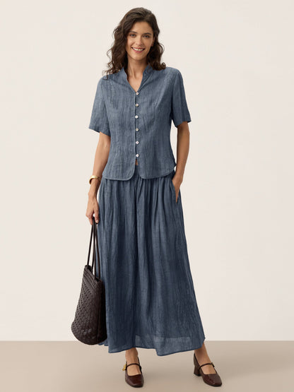 Lyocell Textured Pleated Waist A-Line Midi Skirt – Rosamund