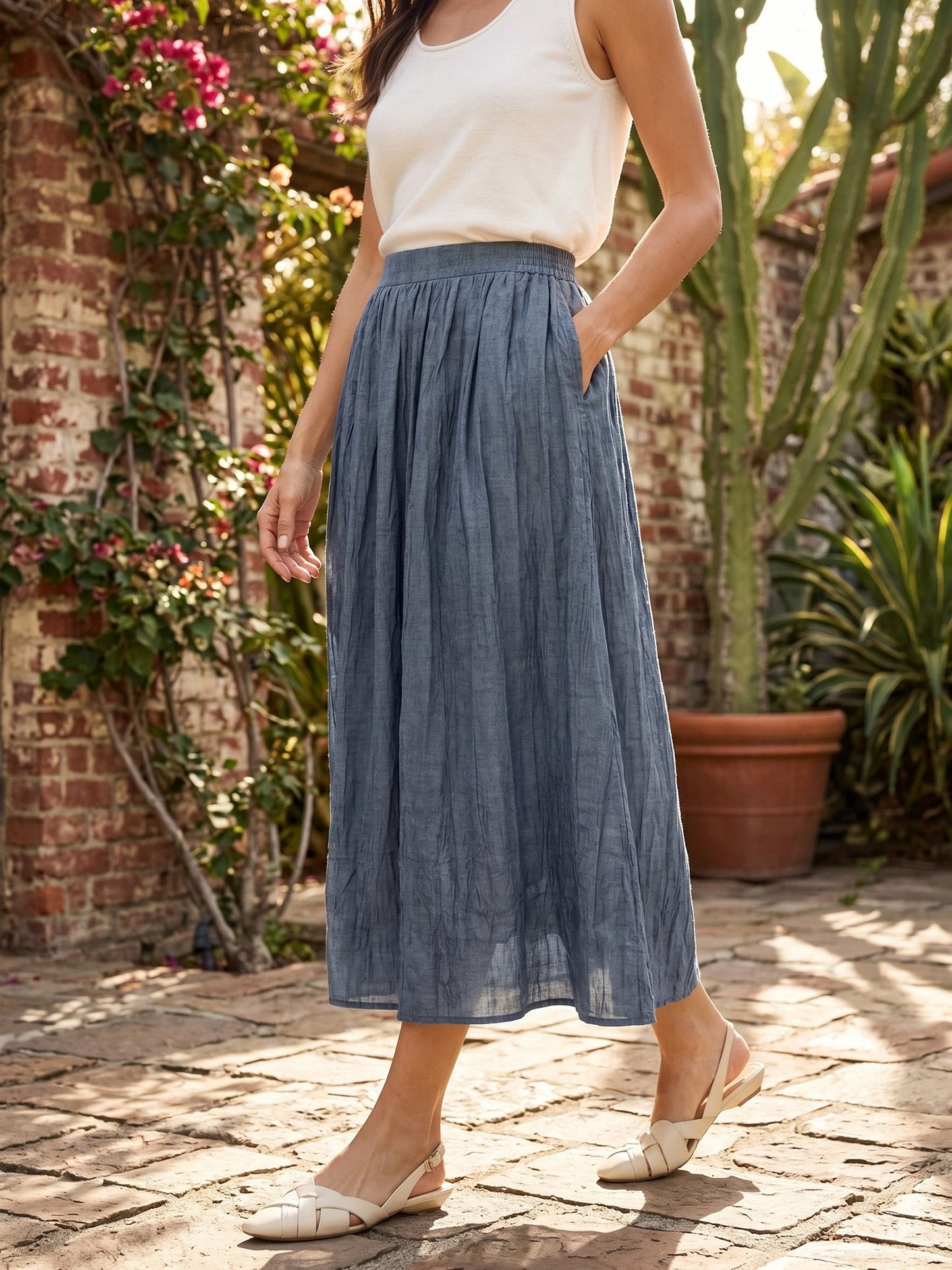 Lyocell Textured Pleated Waist A-Line Midi Skirt – Rosamund