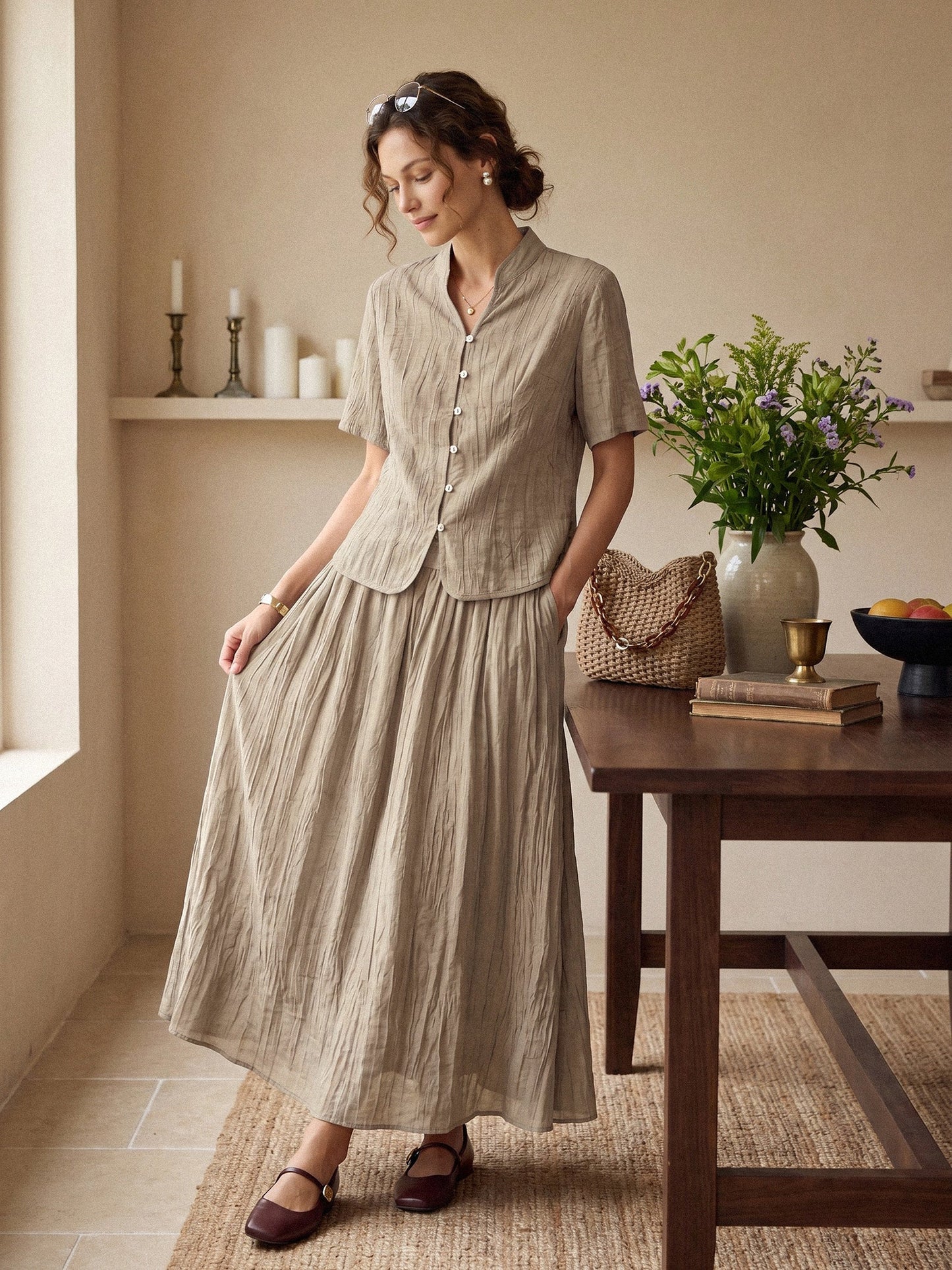 Lyocell Textured Pleated Waist A-Line Midi Skirt – Rosamund