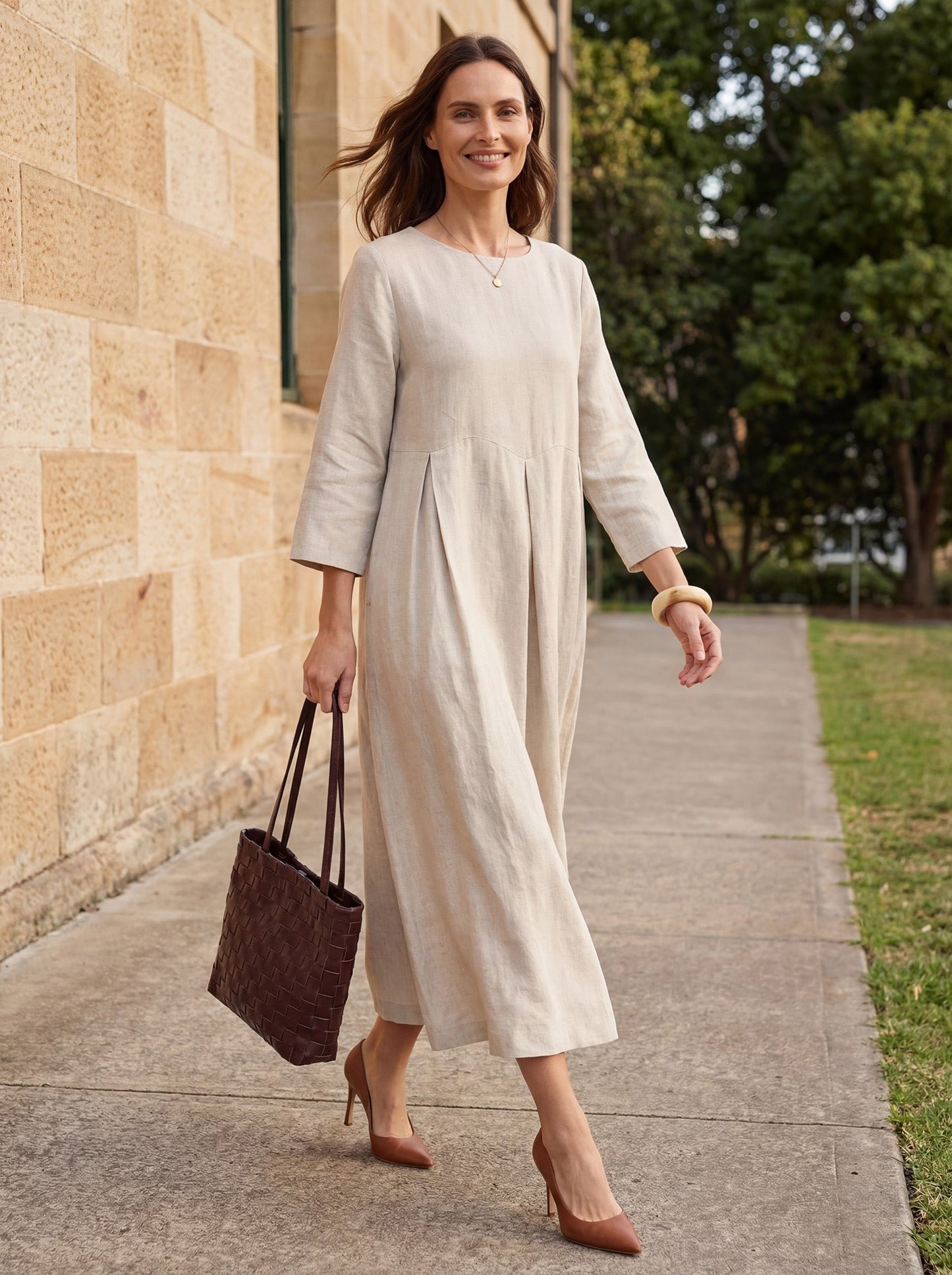 100% Linen Bateau Neck Pleated Midi Dress – Abigail