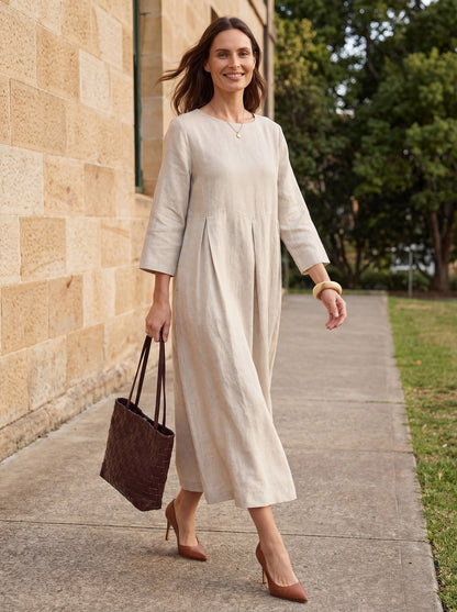100% Linen Bateau Neck Pleated Midi Dress – Abigail