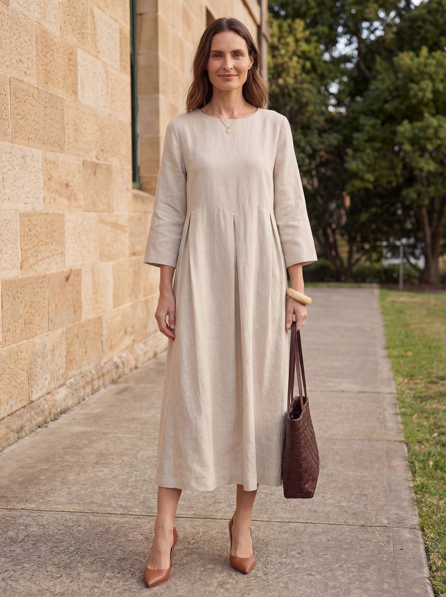 100% Linen Bateau Neck Pleated Midi Dress – Abigail