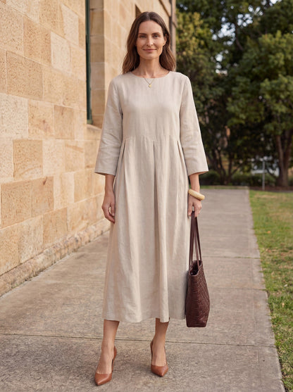 100% Linen Bateau Neck Pleated Midi Dress – Abigail