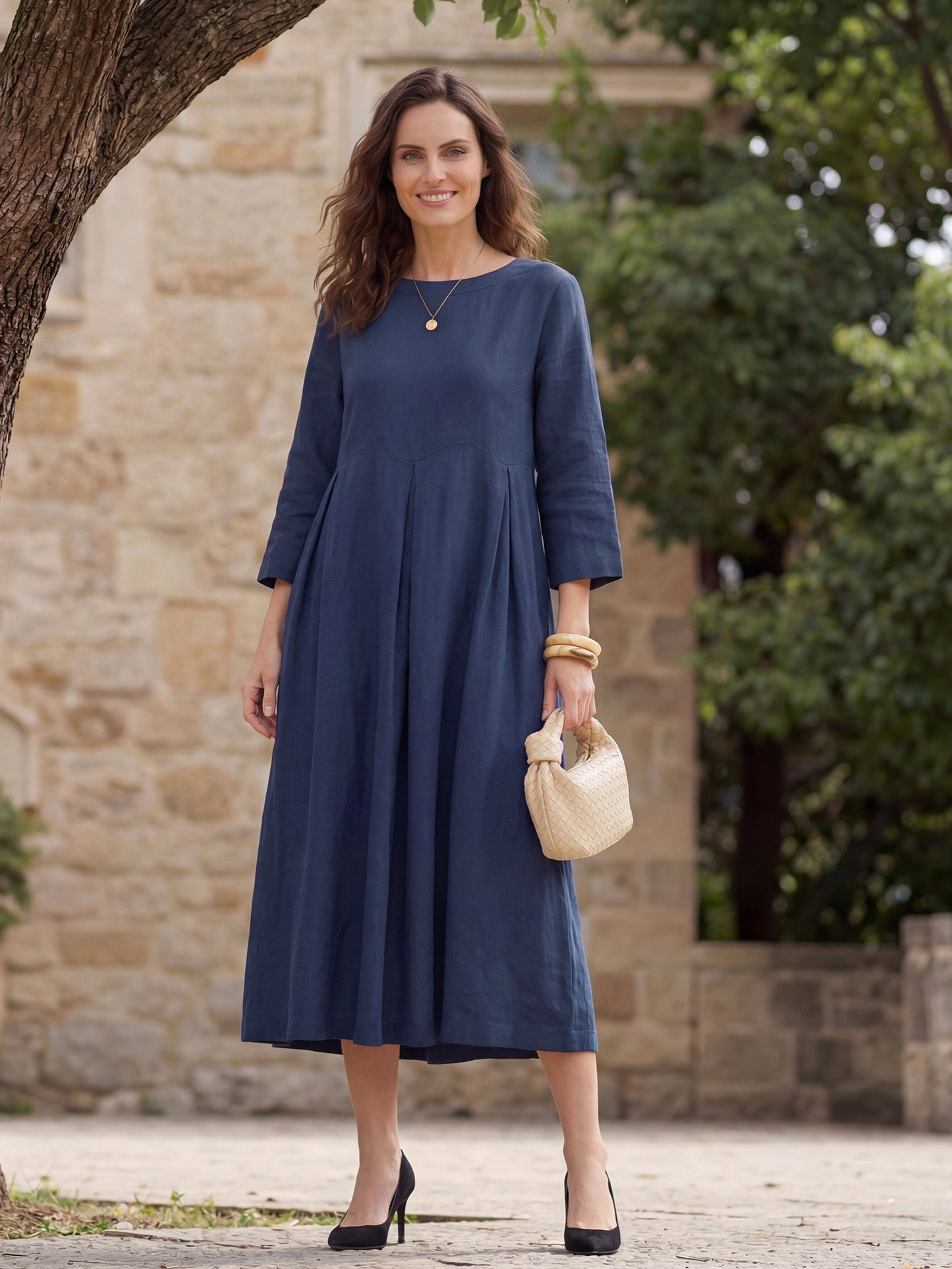 100% Linen Bateau Neck Pleated Midi Dress – Abigail