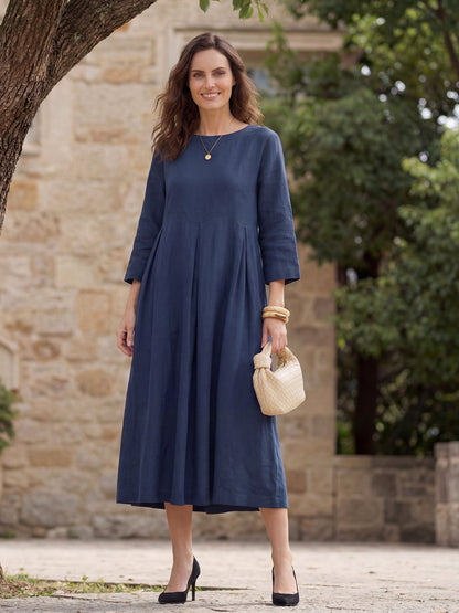 100% Linen Bateau Neck Pleated Midi Dress – Abigail