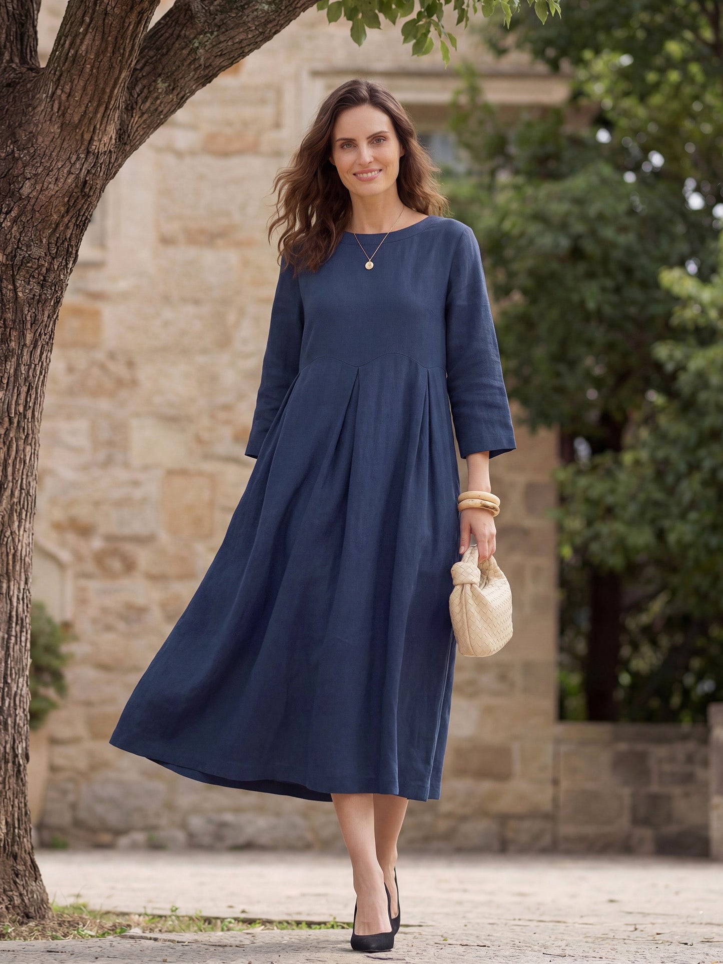 100% Linen Bateau Neck Pleated Midi Dress – Abigail