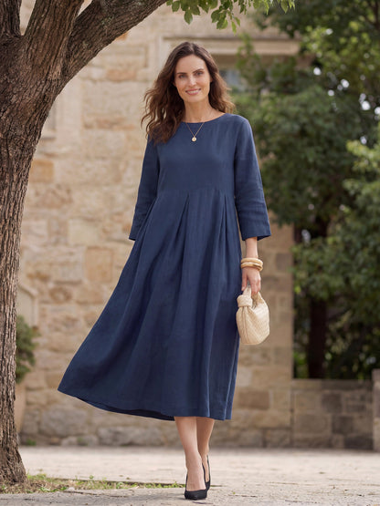 100% Linen Bateau Neck Pleated Midi Dress – Abigail
