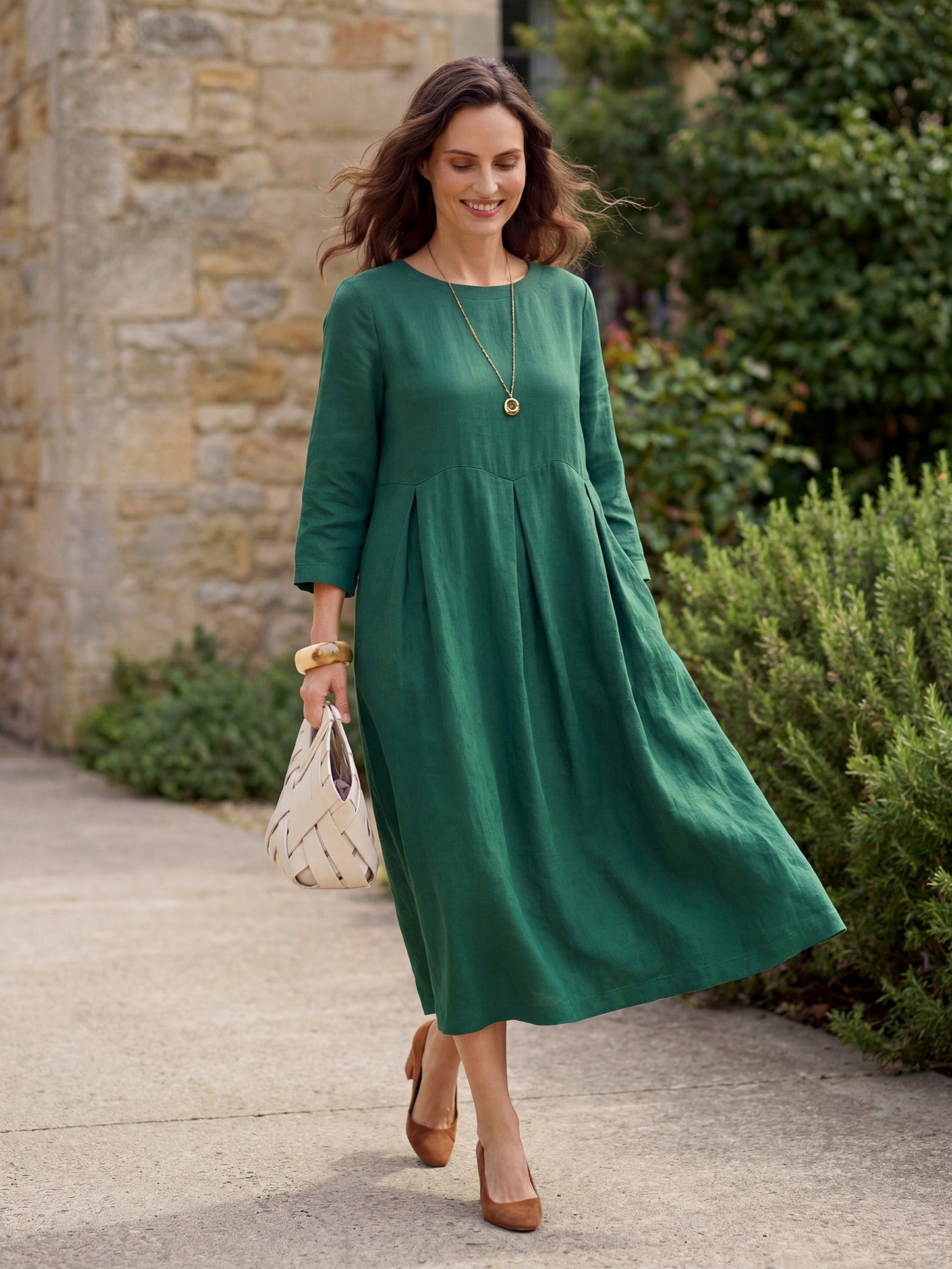 100% Linen Bateau Neck Pleated Midi Dress – Abigail